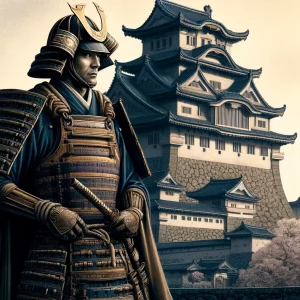 DALL·E 2024 04 15 14.29.38 A detailed depiction of a Shogun a Japanese military commander standing in front of a historical Japanese castle like Himeji Castle. The Shogun is The Shogun: A Key Figure in Japanese History japan, Shogun, Shogunate