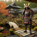 Shogun in full traditional armor standing proudly in an ancient Japanese garden. The garden setting includes a stone pa The Shogun: A Key Figure in Japanese History Fun